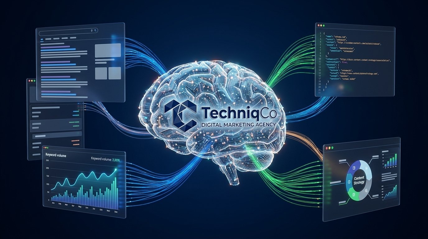 A glowing holographic AI brain surrounded by orbiting 3D panels showing keyword data, schema code blocks, content strategy graphs, and search engine results representing the TechniqCo advanced ChatGPT prompts for SEO GEO and AEO in 2026