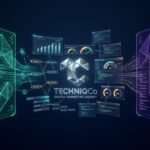 Two glowing holographic AI interface panels in green teal and purple amber face each other across a central 3D search engine arena with the TechniqCo logo at the center representing the head-to-head comparison of ChatGPT vs Claude for SEO in 2026