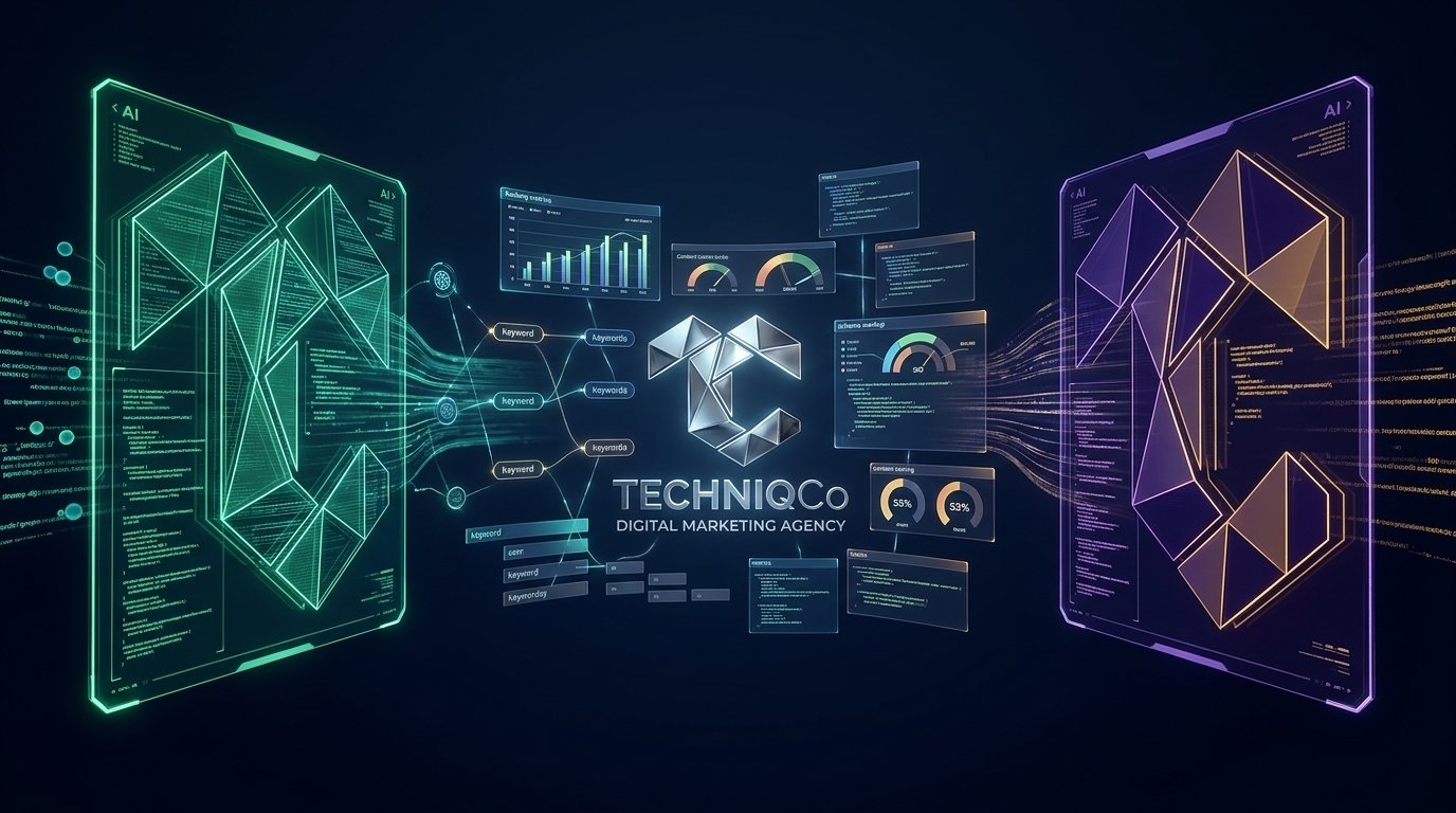 Two glowing holographic AI interface panels in green teal and purple amber face each other across a central 3D search engine arena with the TechniqCo logo at the center representing the head-to-head comparison of ChatGPT vs Claude for SEO in 2026