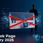 3D Facebook Business profile card wrapped in red warning tape and a padlock representing a restricted or hacked Facebook page recovery guide for 2026 by TechniqCo