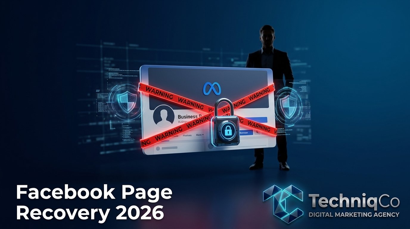 3D Facebook Business profile card wrapped in red warning tape and a padlock representing a restricted or hacked Facebook page recovery guide for 2026 by TechniqCo