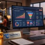 Festive season marketing analytics command center in India featuring festive sales dashboards, brass diyas, and TechniqCo metallic brand insignia