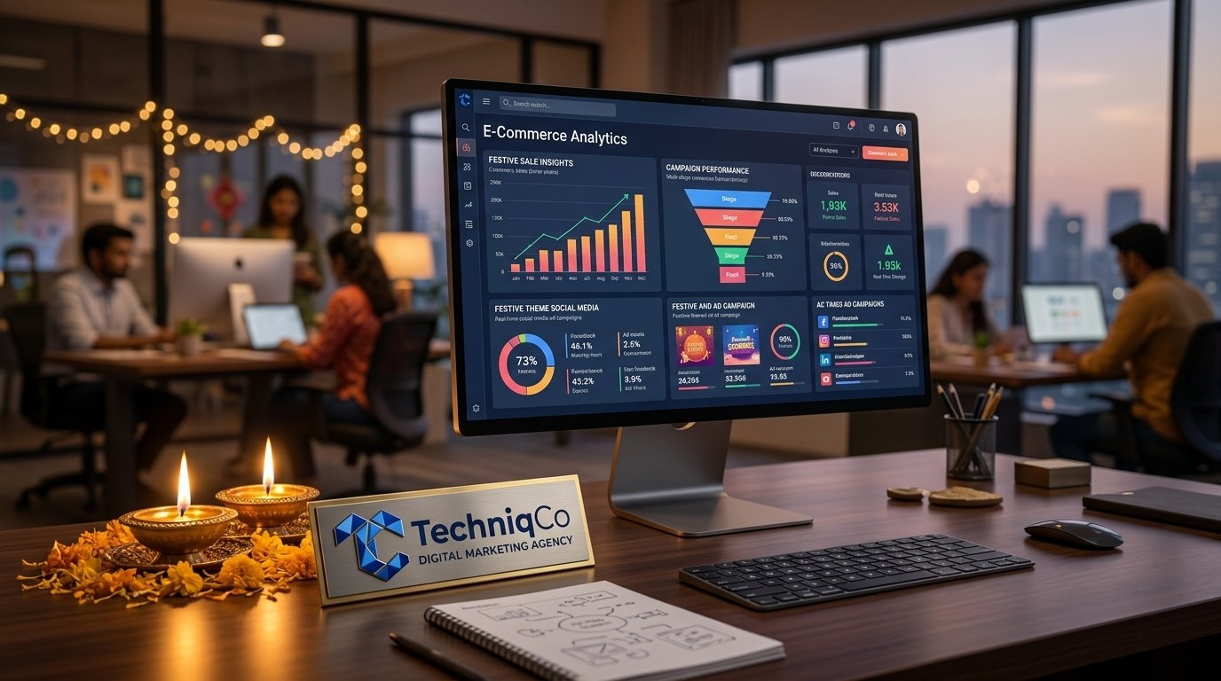 Festive season marketing analytics command center in India featuring festive sales dashboards, brass diyas, and TechniqCo metallic brand insignia