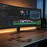 Curved ultrawide monitor displaying YouTube Create conversational Gemini AI video editing workstation with subtly laser-etched TechniqCo emblem on walnut desk