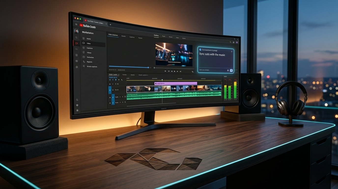 Curved ultrawide monitor displaying YouTube Create conversational Gemini AI video editing workstation with subtly laser-etched TechniqCo emblem on walnut desk