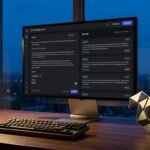 A photorealistic modern developer workstation displaying the Jev AI playground interface on a sleek monitor with calibrated decision probabilities and the TechniqCo metallic logo on a wooden desk