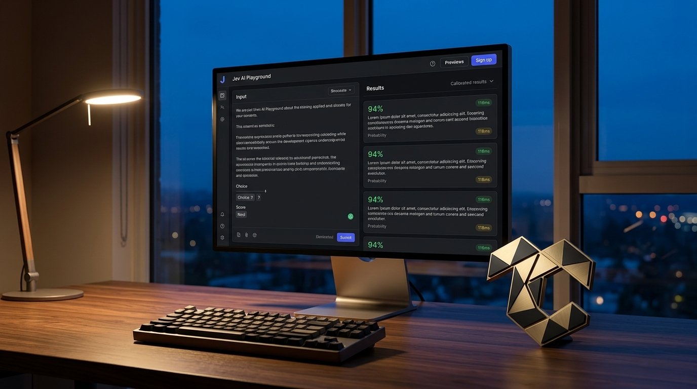 A photorealistic modern developer workstation displaying the Jev AI playground interface on a sleek monitor with calibrated decision probabilities and the TechniqCo metallic logo on a wooden desk