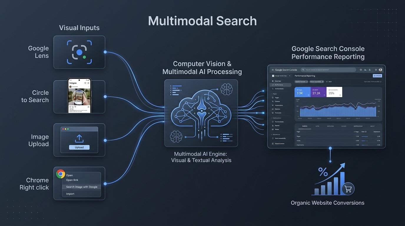 Multimodal search architecture diagram showing visual inputs, computer vision AI processing, Search Console performance reporting, and website conversions