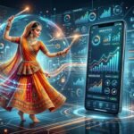 Illustration blending a traditional Indian Navratri Garba dancer with futuristic digital marketing charts, AI nodes, and mobile analytics dashboard