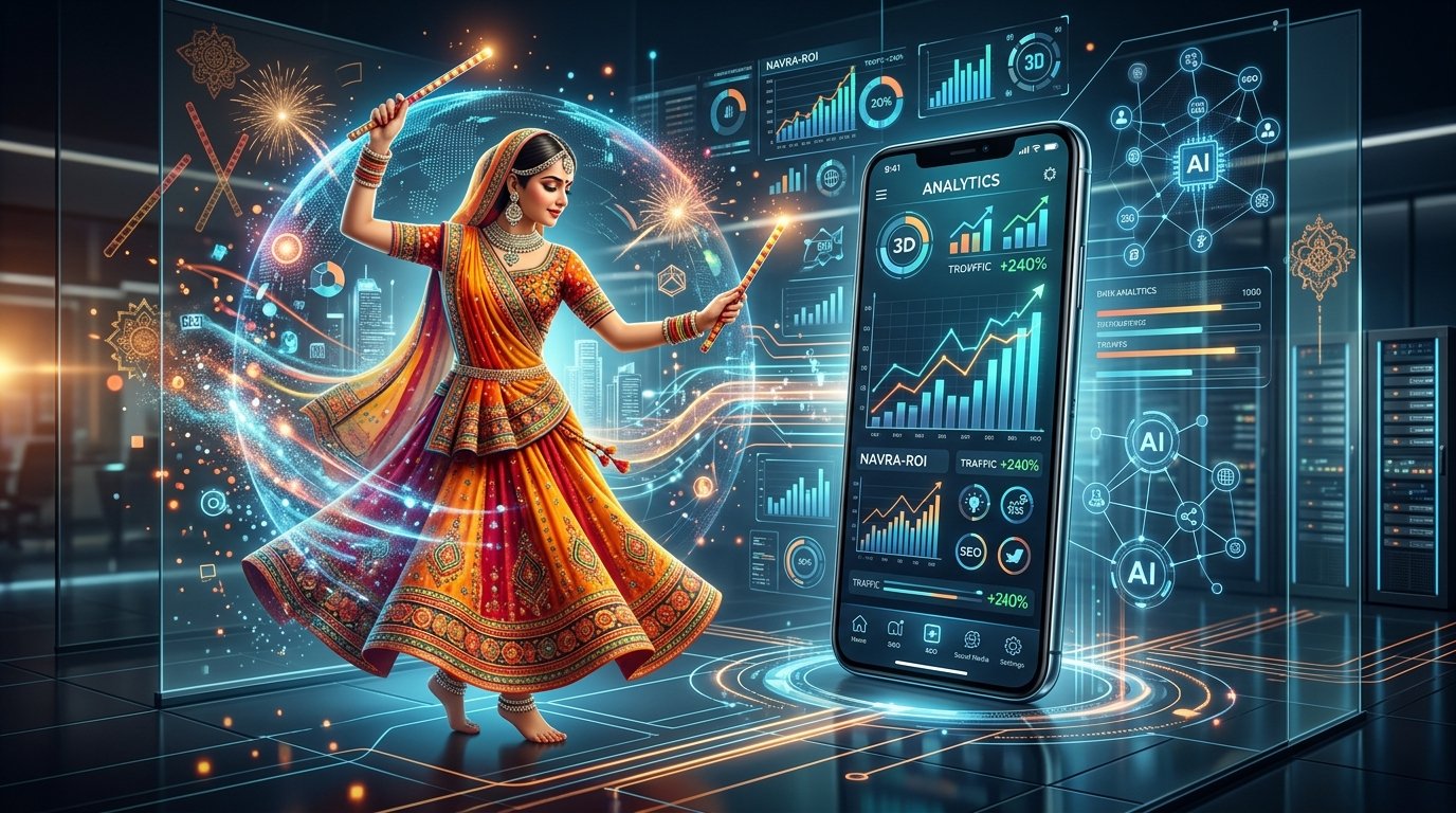 Illustration blending a traditional Indian Navratri Garba dancer with futuristic digital marketing charts, AI nodes, and mobile analytics dashboard