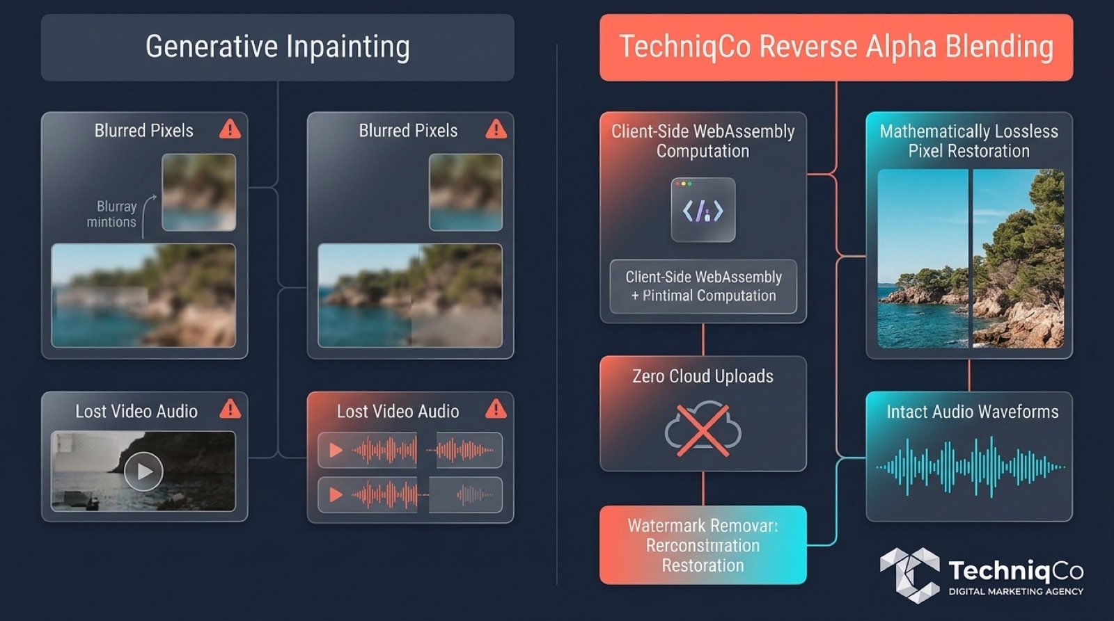 Technical diagram comparing traditional generative AI inpainting quality loss against Reverse Alpha Blending lossless restoration