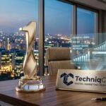 A luxury boardroom table overlooking the illuminated DLF Cyber City Gurgaon skyline at twilight with a 3D gold number 1 trophy, marketing ROI analytics, and the TechniqCo metallic brand plaque representing the top digital marketing agencies in Gurgaon 2026