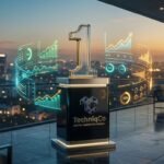 A 3D golden number 1 trophy on a digital marketing podium overlooking the South Delhi cityscape at sunset with holographic performance charts and the TechniqCo logo representing the top digital marketing agencies in South Delhi 2026