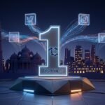 A glowing 3D number 1 trophy with the TechniqCo logo integrated into it stands on a digital podium against a West Delhi city skyline with social media icons floating above representing the top social media marketing agencies in West Delhi 2026