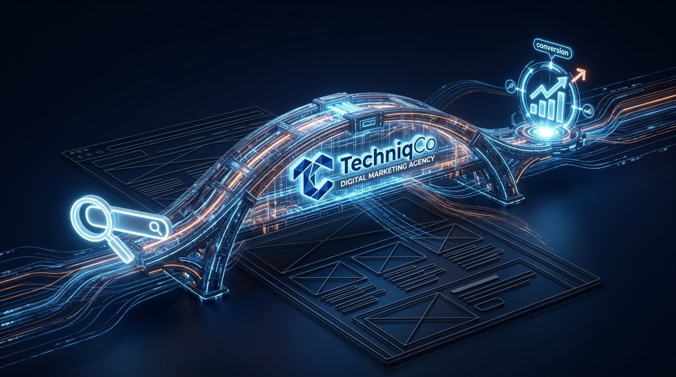 A glowing 3D bridge bypassing a wireframe website to connect a search icon directly to a revenue node representing zero-click search marketing