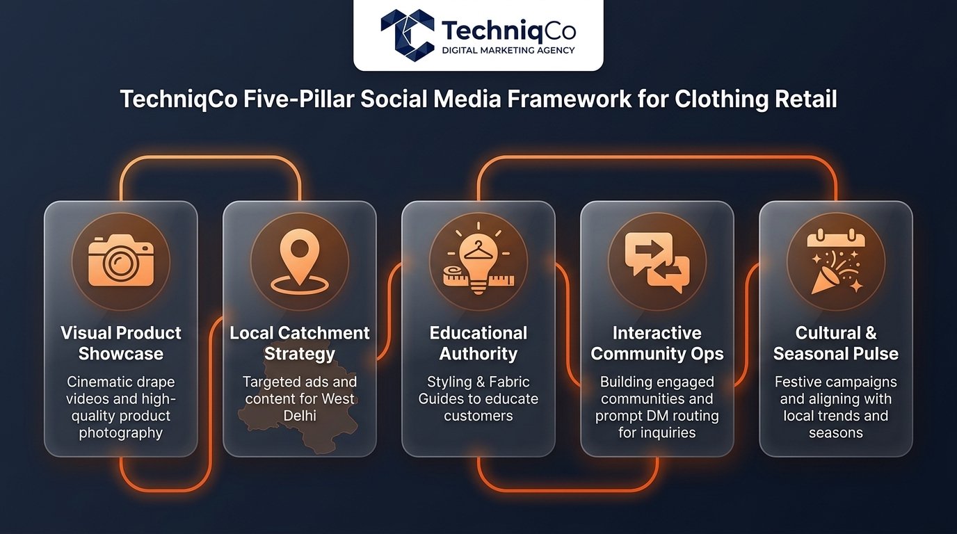 Modern glassmorphism process diagram detailing the five pillars of retail social media marketing: Visual Product Showcase, Local Catchment Strategy, Educational Authority, Interactive Community Ops, and Cultural & Seasonal Pulse.