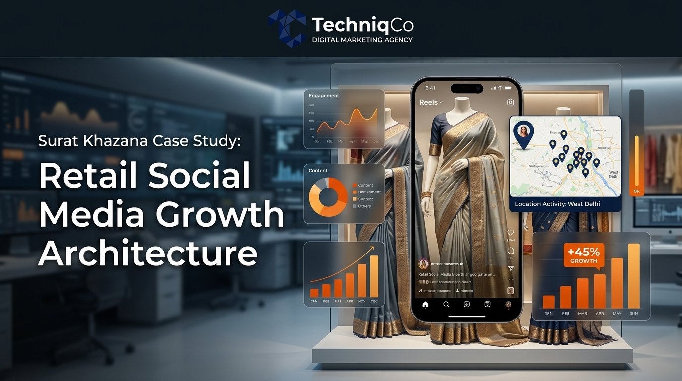 TechniqCo case study hero banner featuring draped silk sarees, mobile Instagram Reels interface, West Delhi geographic map pins, and orange engagement analytics charts with integrated TechniqCo branding.