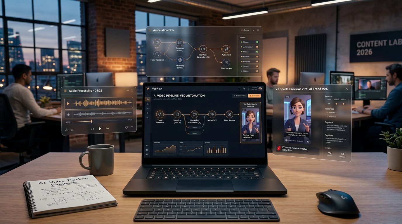 AI video automation workflow dashboard showing end-to-end production pipeline from trend discovery and scripting to Google Veo video generation and YouTube Shorts distribution