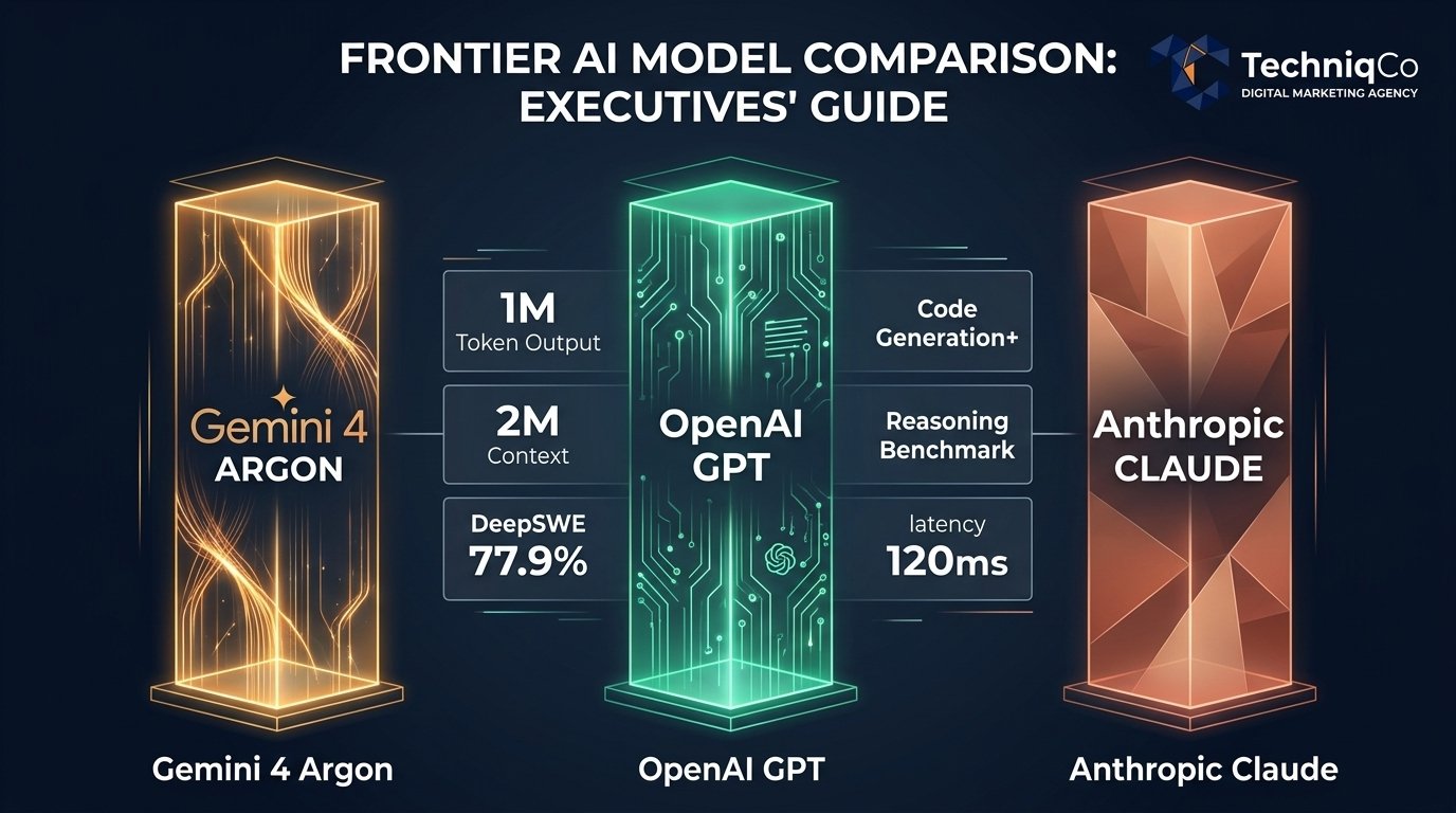 Executive comparison banner illustrating Gemini 4 Argon, OpenAI GPT, and Anthropic Claude illuminated pillars with official TechniqCo branding
