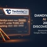 Executive hero banner featuring traditional Dandiya sticks resting beside a glowing AI search interface window with structured entity tags for location, date, price, and parking, with the official TechniqCo logo integrated into the interface header.