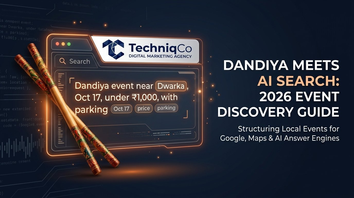 Executive hero banner featuring traditional Dandiya sticks resting beside a glowing AI search interface window with structured entity tags for location, date, price, and parking, with the official TechniqCo logo integrated into the interface header.