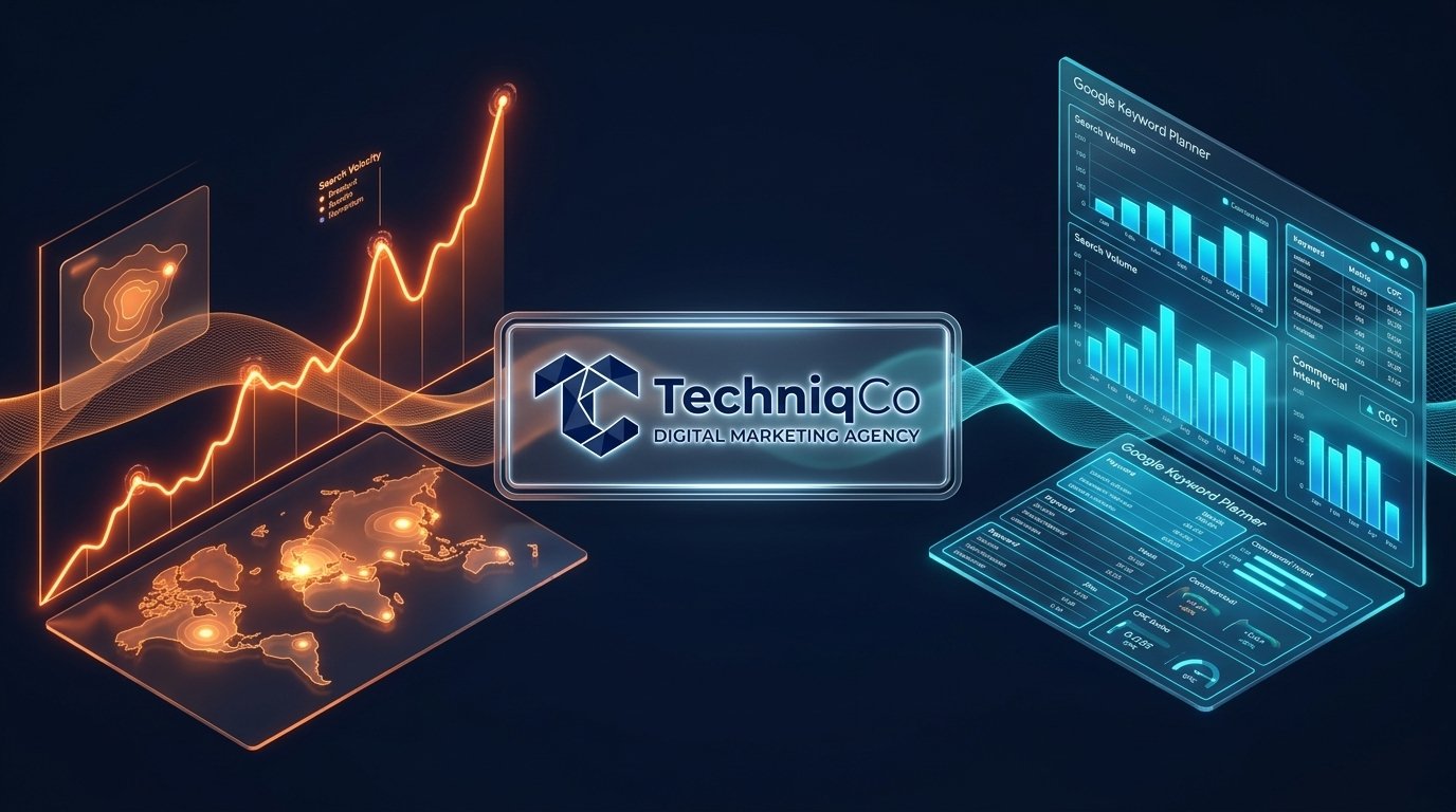 High-tech 3D data visualization comparing Google Trends search velocity curves and regional heatmaps with Google Keyword Planner search volume dashboards, centered around the TechniqCo Digital Marketing Agency insignia.