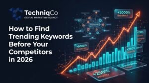 Official TechniqCo hero banner for How to Find Trending Keywords Before Your Competitors in 2026 showing breakout queries, search volume velocity, and keyword trend analysis