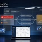 Digital dashboard displaying Meta Business Support Home appeal rejected and pending status cards with diagnostic nodes and the TechniqCo agency logo