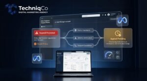 Digital dashboard displaying Meta Business Support Home appeal rejected and pending status cards with diagnostic nodes and the TechniqCo agency logo