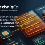 Digital dashboard displaying Meta Ads billing error status cards, card verification nodes, and gateway resolution pathways with the TechniqCo agency logo