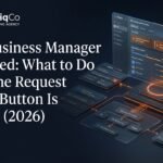 Digital dashboard displaying Meta Ads and Business Suite restriction status alerts, diagnostic hierarchy cards, and resolution pathways alongside the TechniqCo agency logo