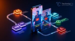 AI video pipeline for YouTube Shorts with n8n workflow nodes connecting script generation, ElevenLabs voice synthesis, cloud rendering, and automated publishing