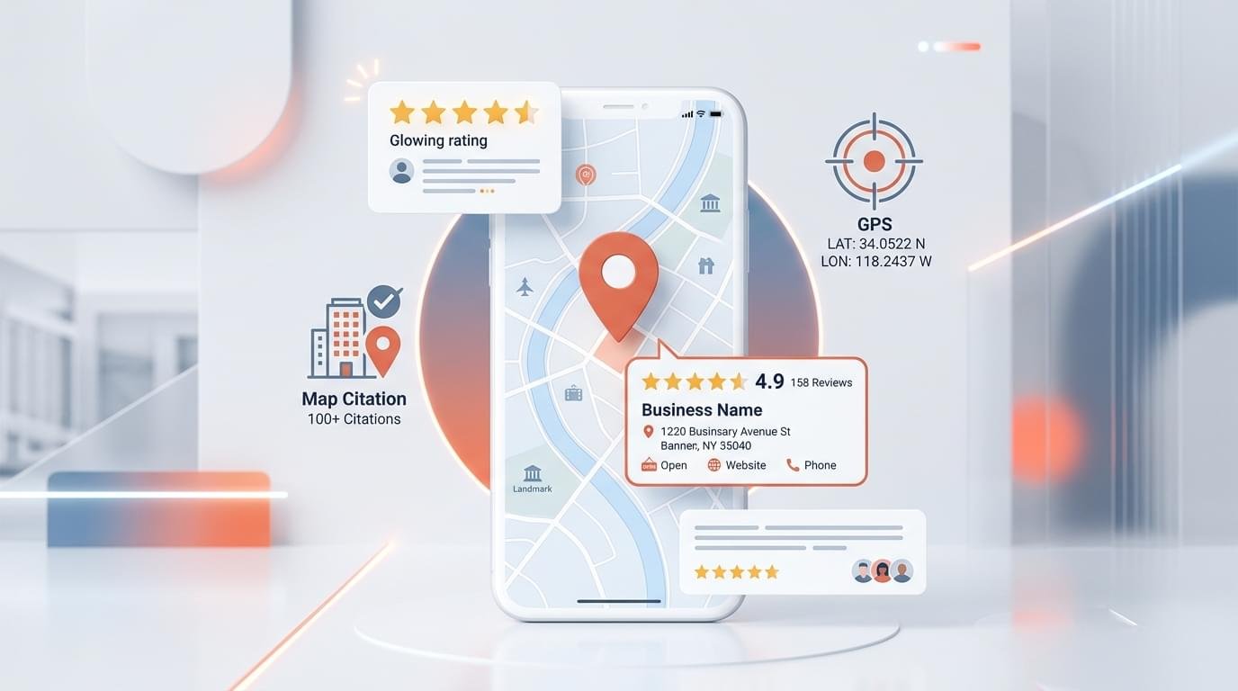 A clean corporate 3D illustration displaying a map of India with a Google Maps pin locator, connected to local business icons representing Local SEO India strategies.