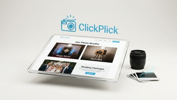 ClickPlick UK photo booth hire website mockup on minimalist digital tablet featuring Magic Mirror and wedding entertainment booking packages.