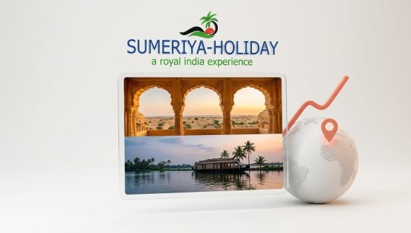 Sumeriya Holiday official travel booking platform featuring Rajasthan palace, Kerala houseboat, and Kashmir tours on laptop and mobile screen mockup.