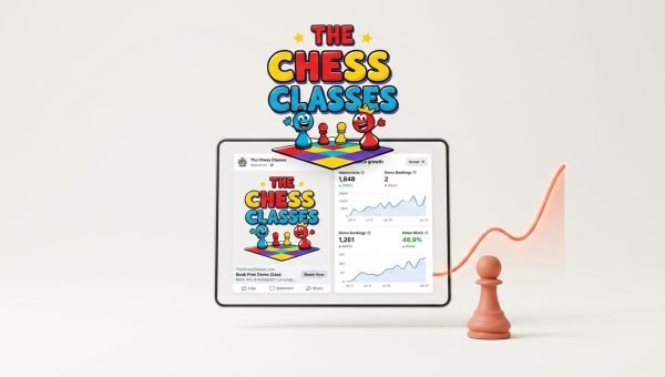 The Chess Classes Meta Ads campaign showcase on digital tablet displaying targeted Facebook and Instagram ad creatives and demo booking growth analytics.